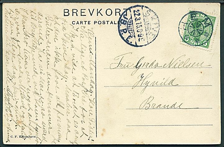 5 øre Chr. X på brevkort annulleret med stjernestempel HEM og sidestemplet Skive JB.P.E. d. 22.3.1915 til Brande.