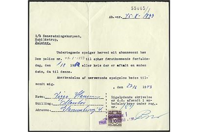 10 øre Bølgelinie på attesteret kopi af abonnements opsigelse annulleret med kontorstempel Odense 1 d. 1.3.1949