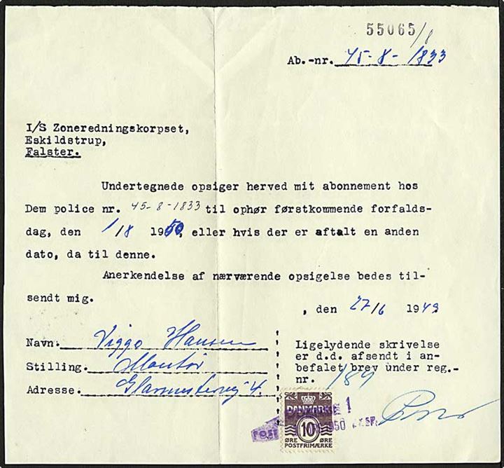 10 øre Bølgelinie på attesteret kopi af abonnements opsigelse annulleret med kontorstempel Odense 1 d. 1.3.1949