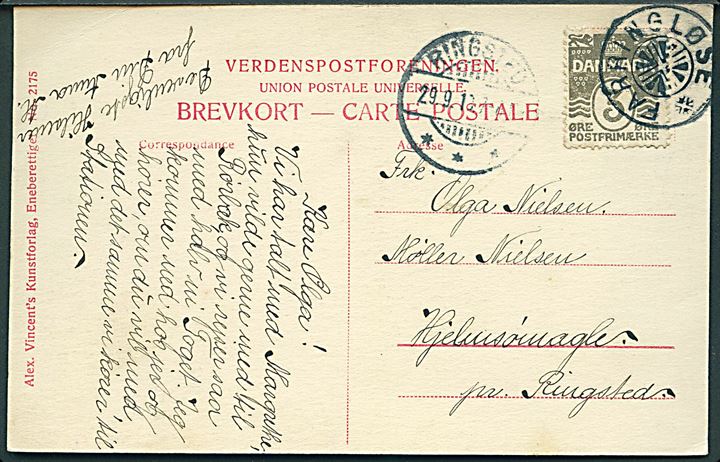 3 øre Bølgelinie på lokalt brevkort annulleret med stjernestempel FARRINGLØSE og sidestemplet Ringsted d. 29.9.1910 til Hjelmsømagle pr. Ringsted.