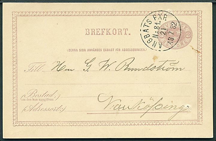 6 öre helsagsbrevkort fra Borgholm annulleret med dampskibsstempel Ångbåts PXP No. 81 d. 21.7.1882 til Norrköping. Stempel benyttet ombord på S/S Borgholm som besejlede Kalmarsund.
