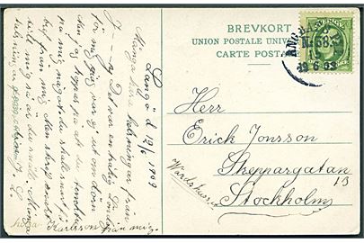 5 öre Oscar på brevkort dateret Langö annulleret med dampskibsstempel Ångbåts PXP no. 38 d. 15.6.1909 til Stockholm. Stempel benyttet ombord på S/S Tor på ruten Stockholm - Betsede.