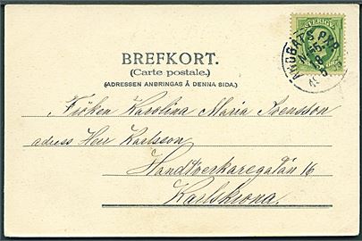5 öre Oscar på brevkort (Sigtuna) annulleret med dampskibsstempel Ångbåts PXP no. 55 d. 18.5.1905 til Karlskrona. Stempel benyttet ombord på S/S Upland på ruten Stockholm - Örsundsbro.