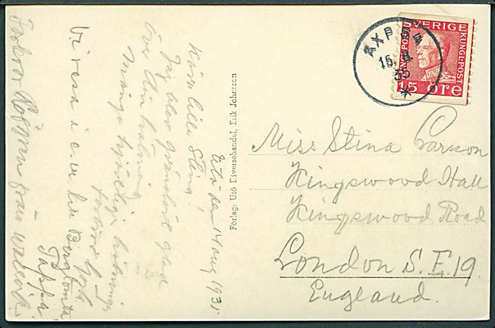 15 öre Gustaf på brevkort (Parti fra Utö) annulleret med dampskibsstempel ÅXP 54 d. 15.8.1935 til London, England. Stempel benyttet ombord på S/S Saltsjö på ruten Stockholm - Ornö - Utö.