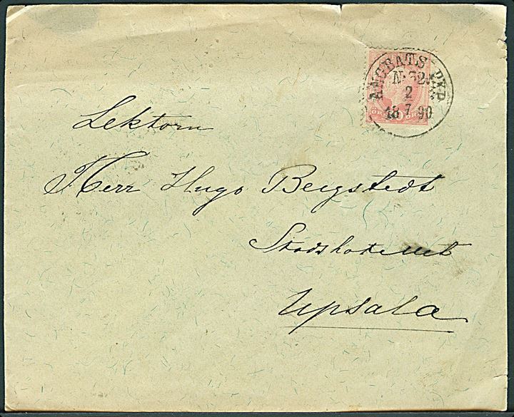 10 öre Oscar på brev annulleret med dampskibsstempel Ångbåts PXP No. 32 d. 2.7.1890 til Upsala. Stempel benyttet ombord på S/S Östanå I på ruten Stockholm - Spillersboda.