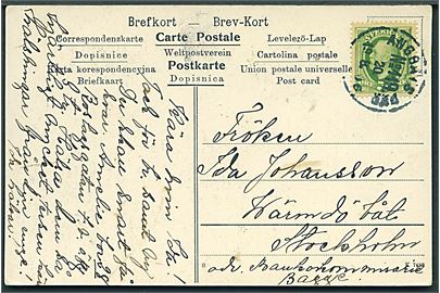 5 öre Oscar på brevkort annulleret med dampskibsstempel Ångbåts PXP No. 119 d. 20.8.1906 til Wärmdö Båt, Stockholm. Stempel benyttet ombord på S/S Siren på ruten Stockholm - Fittja, Vällinge eller Hamra.  