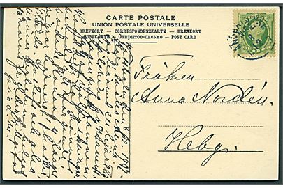 5 öre Oscar på brevkort (Hamngatan, Vaxholm) annulleret med dampskibsstempel Ångbåts PXP No. 52 d. 8.12.1907 til Hebg. Stempel benyttet ombord på S/S Waxholm på ruten Stockholm-Vaxholm-Oscar Frederiksborg-Stenslätten.