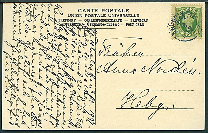 5 öre Oscar på brevkort (Hamngatan, Vaxholm) annulleret med dampskibsstempel Ångbåts PXP No. 52 d. 8.12.1907 til Hebg. Stempel benyttet ombord på S/S Waxholm på ruten Stockholm-Vaxholm-Oscar Frederiksborg-Stenslätten.