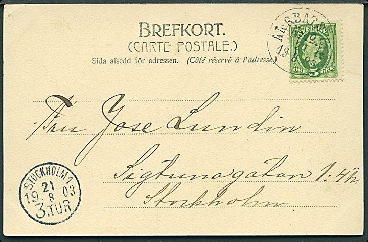 5 öre Gustav på brevkort (Stora Gatan, Köping) annulleret med dampskibsstempel Ångbåts PXP No. 12 d. 21.8.1903 til Stockholm. Stempel benyttet ombord på S/S Prinsessan Ingeborg på ruten Stockholm-Sandhamn.