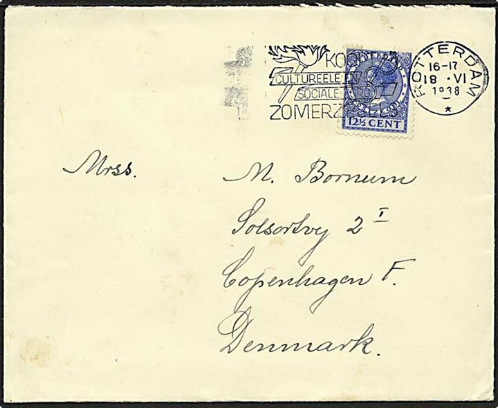 12½ c. Wilhelmina single på brev fra Rotterdam d. 18.6.1938 til København, Danmark. Fra styrmand ombord på ØK-skibet M/S Boringia.