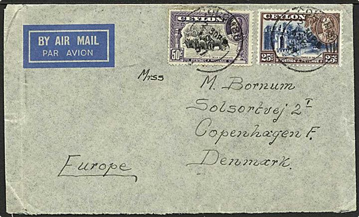 25 c. og 50 c. George V på luftpostbrev fra Colombo d. 8.9.1937 via Paris og København Luftpost sn3 til København, Danmark. Fra styrmand ombord på ØK-skibet M/S Boringia.
