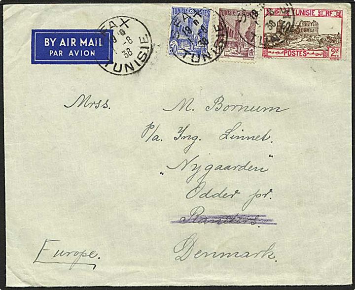 Tunis. 3,50 fr. blandingsfrankeret luftpostbrev fra Sfax d. 1.8.1938 til Odder, Danmark. Fra styrmand ombord på ØK-skibet M/S Boringia.