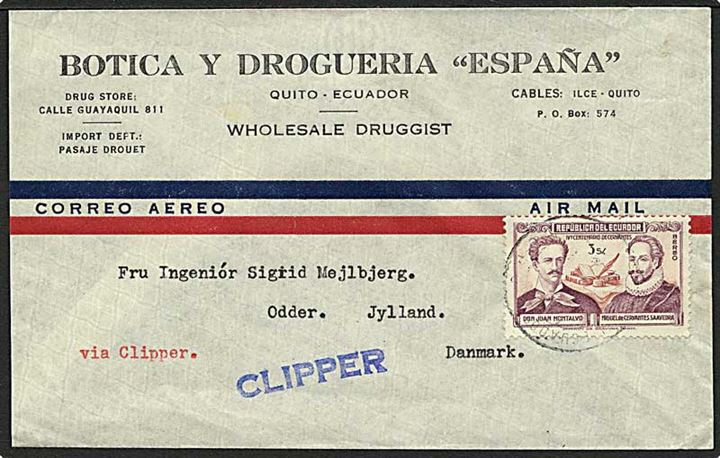 3 s. single på luftpostbrev fra Quito ca. 1950 til Odder, Danmark. Stemplet CLIPPER.