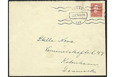20 øre Chr. X single på brev annulleret med SVENSK maskinstempel fra Borås d. 13.5.1946 til København. Rift i kuvert.