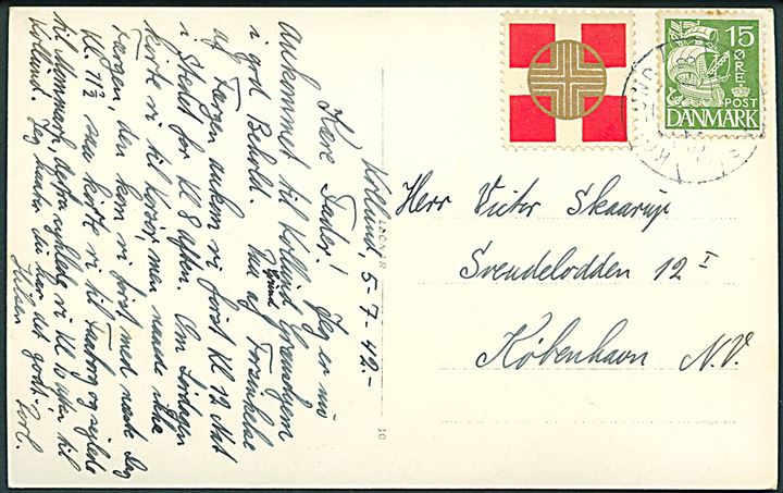 Kollund, Grænsehjemmet. Pors no. 962. Fotokort. Frankeret med 15 øre Karavel og Grænseforening-mærkat fra Kollund d. 5.7.1942 til København.