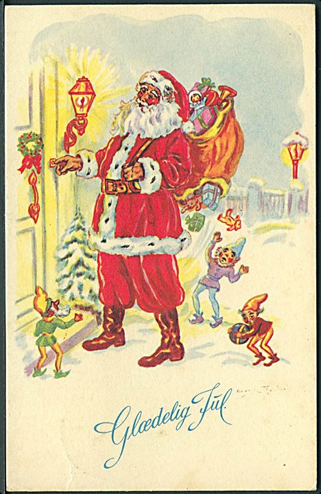 Marie Thykier: Glædelig Jul. Julemanden iført rød kåbe, ringer på døren. C. T. C. no. 265. 