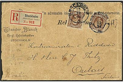 30 öre Oscar på 60 öre frankeret anbefalet brev fra Stockholm d. 12.12.1896 via Hangö til Ohlainen, Finland.
