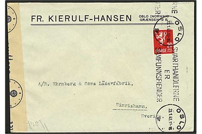 20 øre Løve på brev annulleret med maskinstempel Oslo Svarthandlerne er Samfunnsfiender d. 23.1.1943 til Simrishamn, Sverige. Åbnet af tysk censur i Oslo.