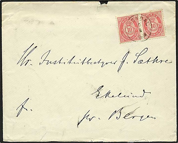 10 øre Posthorn i parstykke på brev stemplet Rosendal d. 20.8.1889 til Bergen.