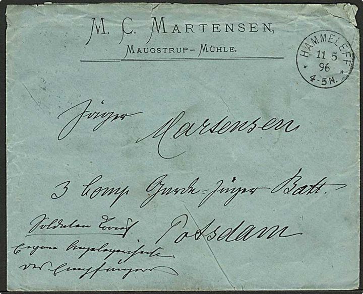 Ufrankeret soldaterbrev fra Maugstrup Mølle stemplet Hammeleff d. 11.5.1896 til militæradresse i Potsdam, Tyskland.