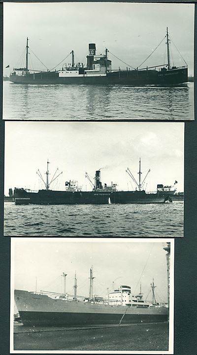 Danske Handelsskibe. Theo Grammerstorf (ex. Gunhild Torm), Otto Petersen & Tasmania. Tre fotografier fra fotoarkiv. 