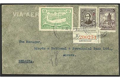 Blandingsfrankeret anbefalet luftpostbrev fra Asuncion d. 9.6.1936 til Antwerpen, Belgien.