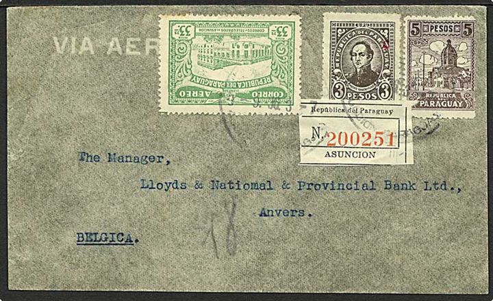 Blandingsfrankeret anbefalet luftpostbrev fra Asuncion d. 9.6.1936 til Antwerpen, Belgien.