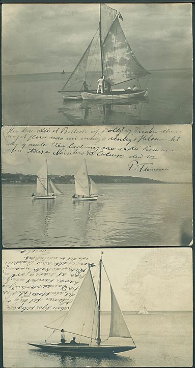 Lystbåde. Tre fotokort med sejlbåde ca. 1907. 