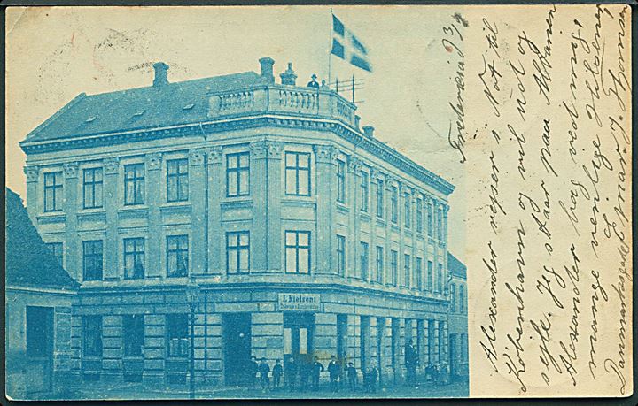 Fredericia. L. Nielsen's Trikotageforretning. Tiltryk på 3 øre helsagsbrevkort fra Fredericia d. 4.1.1901. 1 mærke aftaget.
