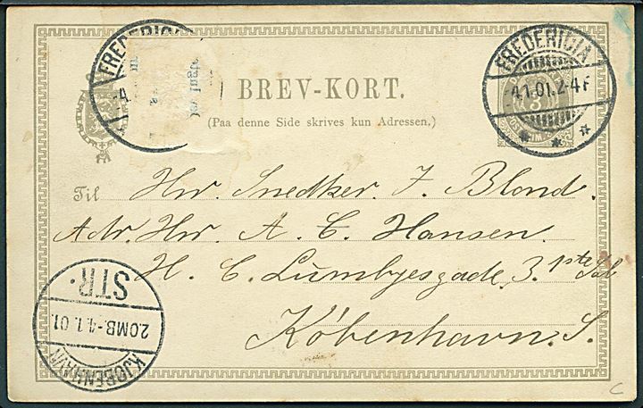 Fredericia. L. Nielsen's Trikotageforretning. Tiltryk på 3 øre helsagsbrevkort fra Fredericia d. 4.1.1901. 1 mærke aftaget.