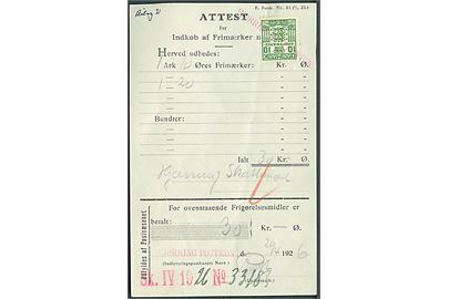10 øre Gebyrmærke annulleret med liniestempel Hjørring Postkontor på Attest for Indkøb af Frimærker - F. Form. Nr. 43 (1/4 23.) - dateret d. 29.4.1926.
