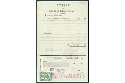 10 øre Gebyrmærke annulleret med liniestempel Herning på Attest for Indkøb af Frimærker m.v. - F. Form. Nr. 43 (1/4 23.) - dateret d. 31.3.1926.