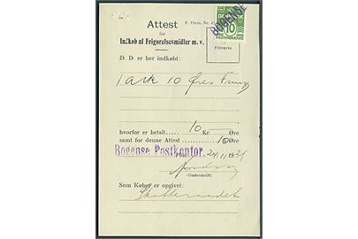 10 øre Bølgelinie annulleret med kontorstempel Bogense anvendt som gebyrmærke på Attest for Indkøb af Frigørelsesmidler dateret d. 24.11.1921.