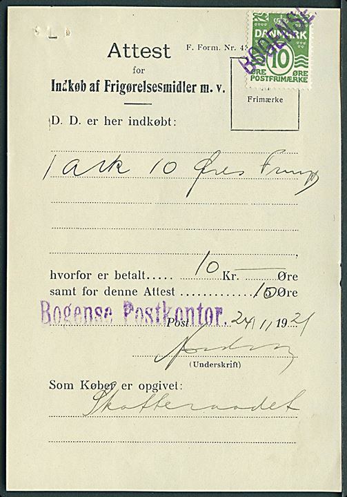 10 øre Bølgelinie annulleret med kontorstempel Bogense anvendt som gebyrmærke på Attest for Indkøb af Frigørelsesmidler dateret d. 24.11.1921.