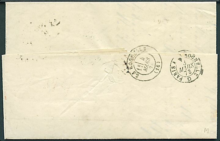 1 gr. og 2 gr. Stort Brystskjold på brev annulleret Hamburg I.A. d. 1.3.1873 til Rochelle, Frankrig. 