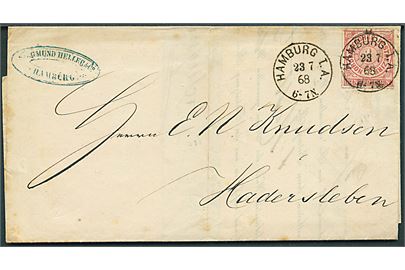 1 gr. Norddeutscher Postbezirk stukken kant på brev fra Hamburg T.A. d. 23.7.1868 til Hadersleben. 