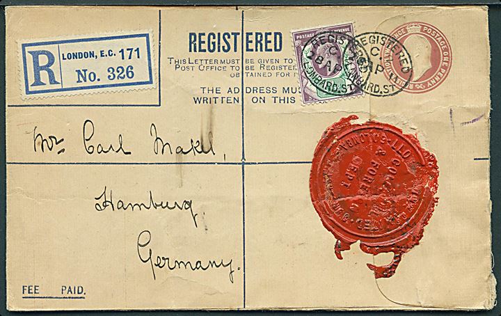 Edward VII anbefalet helsagskuvert opfrankeret med 1½d Edward VII fra London d. 11.4.1911 til Hamburg, Tyskland.