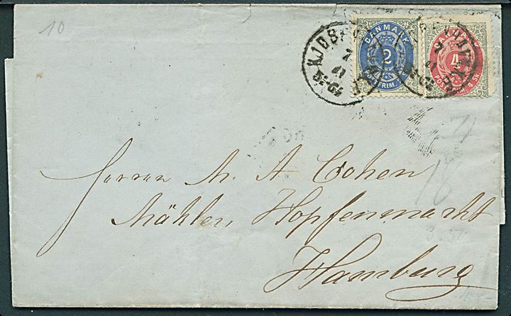 2 sk. og 4 sk. Tofarvet på 6 sk. frankeret brev annulleret med lapidar Kjøbenhavn K.B. d. 7.11.1873 til Hamburg. 4 sk. med kort hj.tak.