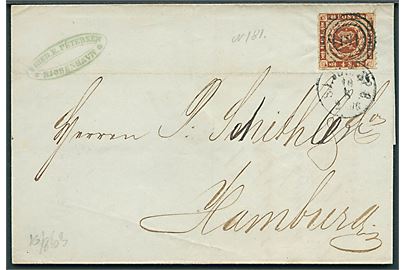 4 sk. stukken kant på brev fra Kjøbenhavn annulleret med kombineret nr.stempel 1812/SJ.JB.P.SP.B. d. 18.8.1863 til Hamburg. På bagsiden lapidar K.D.O.P.A. Hamburg d. 14.8.1863.