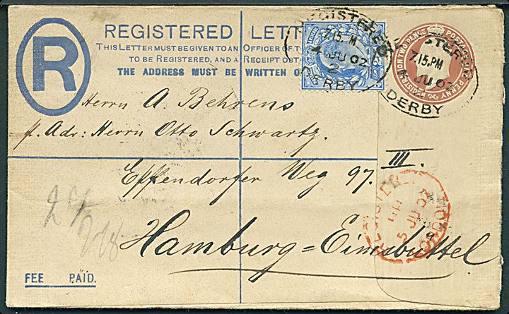 Edward VII anbefalet helsagskuvert opfrankeret med 2½d Edward VII fra Derby d. 4.6.1907 via London til Hamburg, Tyskland.