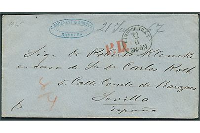 1867. Francobrev stemplet Hambrug TH. &. T. d. 21.6.1867 til Sevilla, Spanien. Stor del af bagsiden mangler.