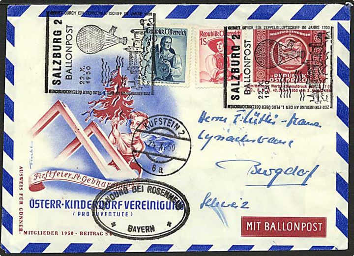 60 g. sær-helsagskuvert opfrankeret med 10 gr. og 1 s. og annulleret med rammestempel Salzburg Ballonpost d. 22.10.1950 via Rosenheim til Bergdorf.