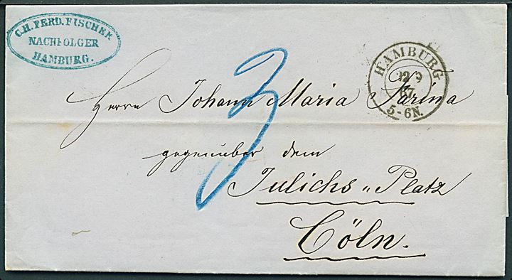 1867. Portobrev stemplet Hamburg d. 22.9.1867 til Cöln. Påskrevet 3 gr. porto.