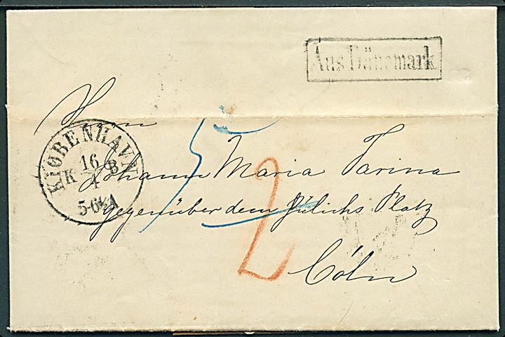 1859. Ufrankeret portobrev med antiqua Kiøbenhavn KB d. 16.4.1859 via K.D.O.P.A. Hamburg til Cöln. Rammestempel Aus Dänemark og flere portopåtegninger.