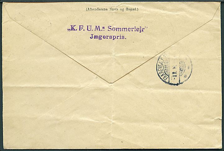 10 øre og 25 øre Chr. X på adressebrev fra Jægerspris d. 31.7.1918 til Frivilligt Drenge Forbund K VII Ordrup pr. Faarevejle. På bagsiden stempel: K.F.U.M.s - Sommerlejr Jægerspris.