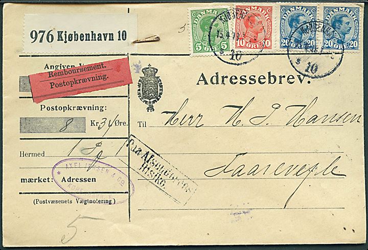 5 øre, 10 øre og 20 øre (2) Chr. X på adressebrev for pakke med opkrævning fra Kjøbenhavn d. 15.4.1918 til Faarevejle. Rammestempel Paa Afsenderens Risiko..