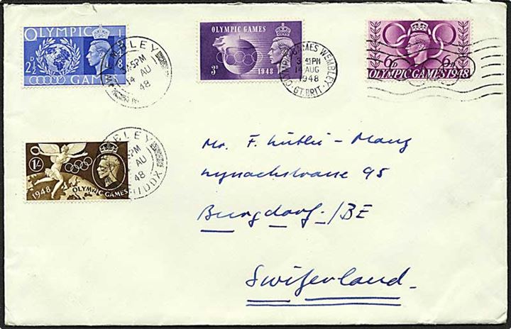 Komplet sæt George VI Olympiade udg. på brev annulleret med maskinstempel Olympic Games Wembley d. 14.8.1948 til Burgdorf, Schweiz.