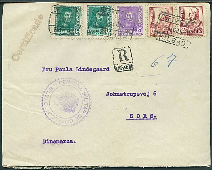 15 cts. (2), 20 cts. og 25 cts. (2) på anbefalet brev fra danske konsulat i Bilbao sendt anbefalet fra Bilbao d. 24.8.1938 til Sorø, Danmark. Lokal spansk censur fra Bilbao.