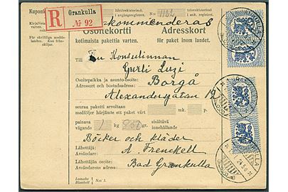 2 mk. Løve (4) på adressekort for anbefalet pakke fra Grankulla d. 12.1.1924 til Borgå.