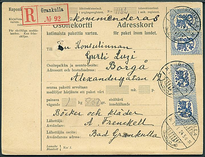 2 mk. Løve (4) på adressekort for anbefalet pakke fra Grankulla d. 12.1.1924 til Borgå.